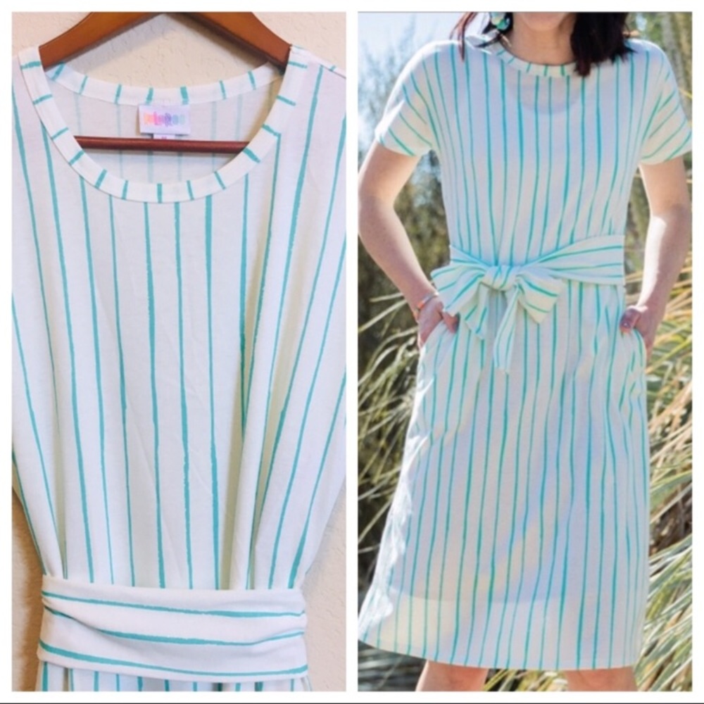 LuLaRoe Marly - White with Teal Stripes